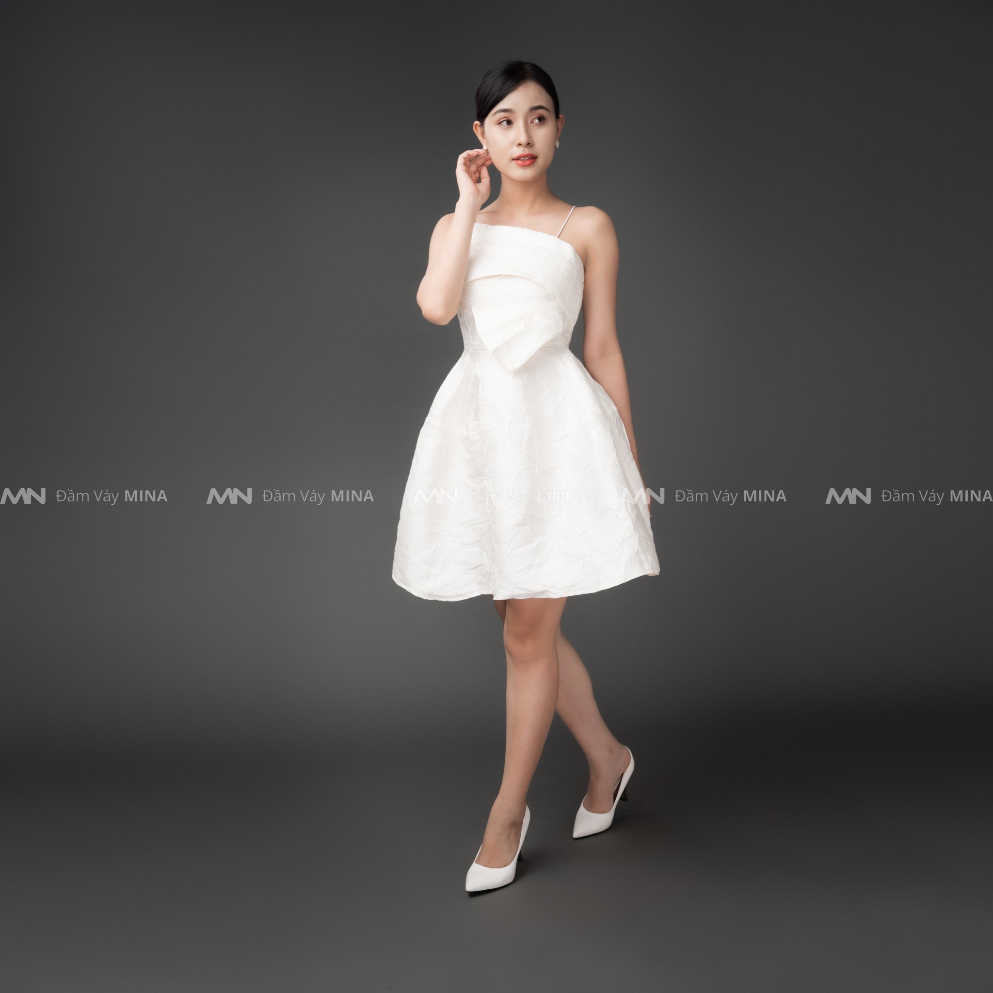 Đầm hai dây dáng xoè nơ ngực gấm dự tiệc đi chơi dạo phố sang trọng - MN126 - Đầm Váy Mina