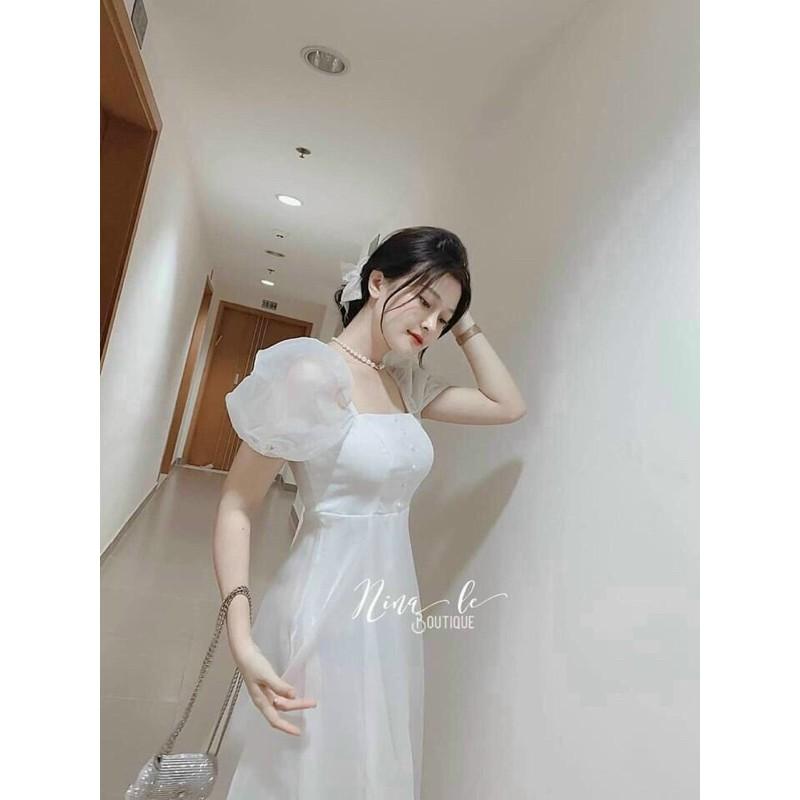 Đầm dạ hội tay phồng đính cườm phong cách tiểu thư sang chảnh có mút ngực kèm hình thật