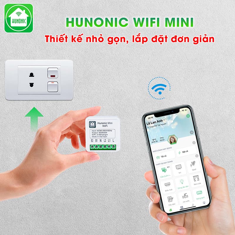 Công tắc Hunonic Mini wifi điều khiển từ xa từ công tắc thường thành công tắc thông minh