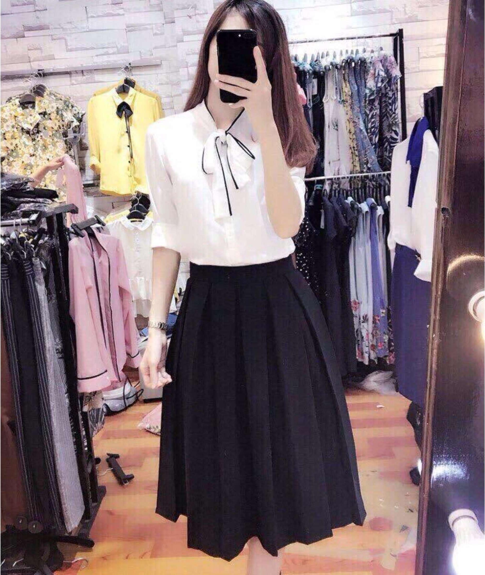 Aó công sở cột nơ viền tay dài