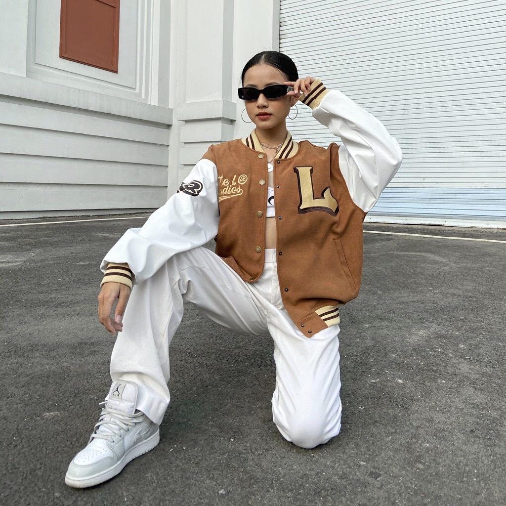 Áo Khoác Nam VARSITY BOMBER Unisex - Áo Khoác Bóng Chày Nỉ Nhung - Chữ L Phong Cách