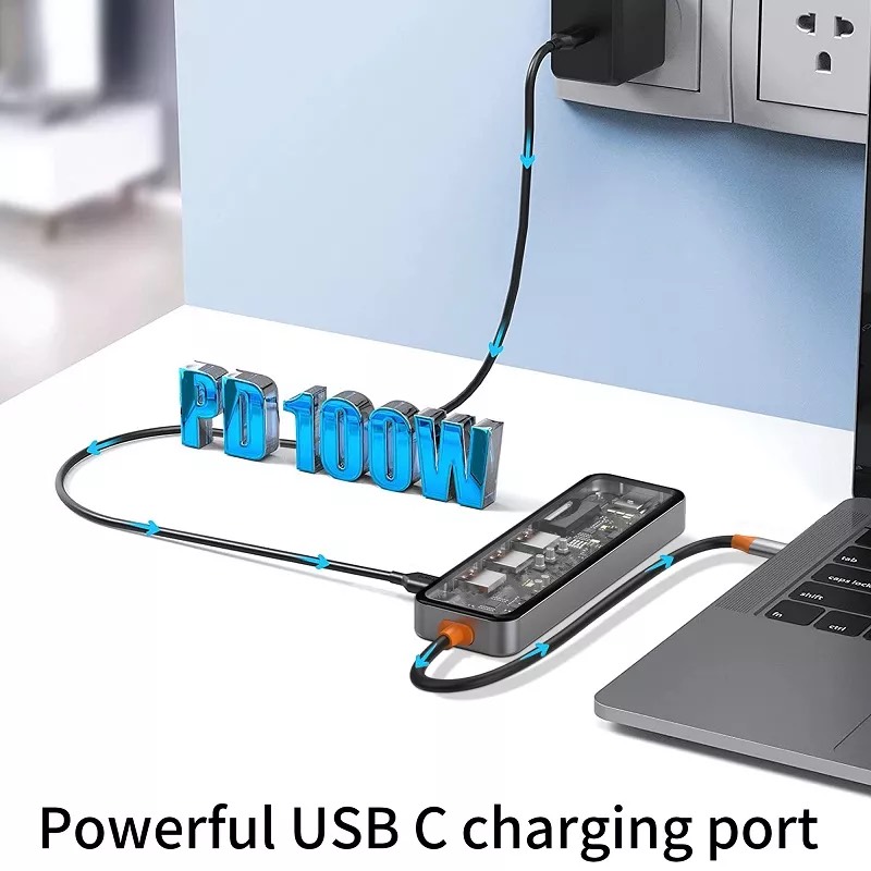 Hub Wiwu Cyber 7 in 1 CB007 USB3.0*3+SD/TF+HDMI+PD tương thích rộng rãi vơi máy tính bảng, máy tính xách tay và điện thoại di động, thiết kế trong suốt nhìn rõ từng chi tiết - Hàng chính hãng