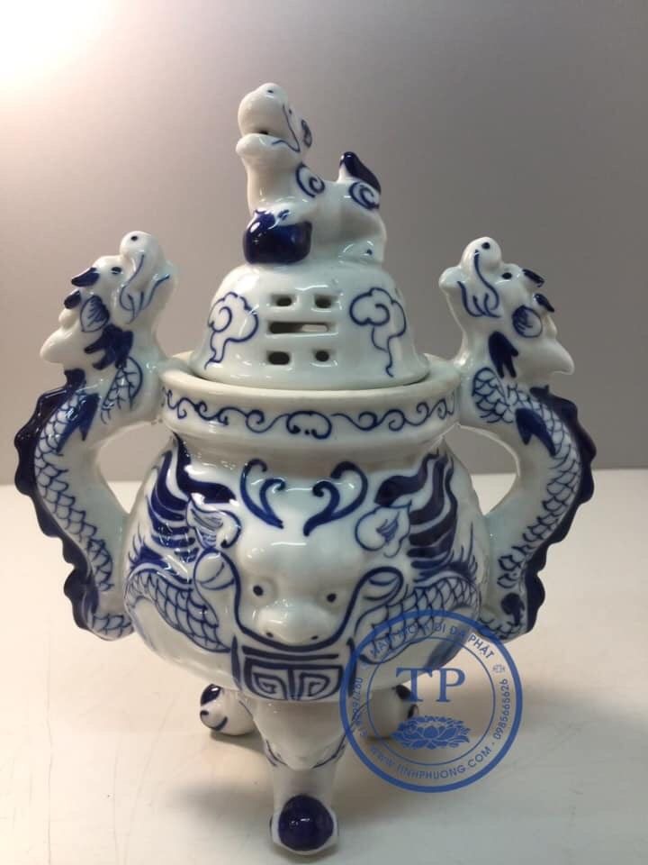 Lư đốt trầm bằng sứ Hình rồng , dành cho các Ban thờ thần tài , thờ giá tiên kết hợp đồ thờ đồng) KH18531