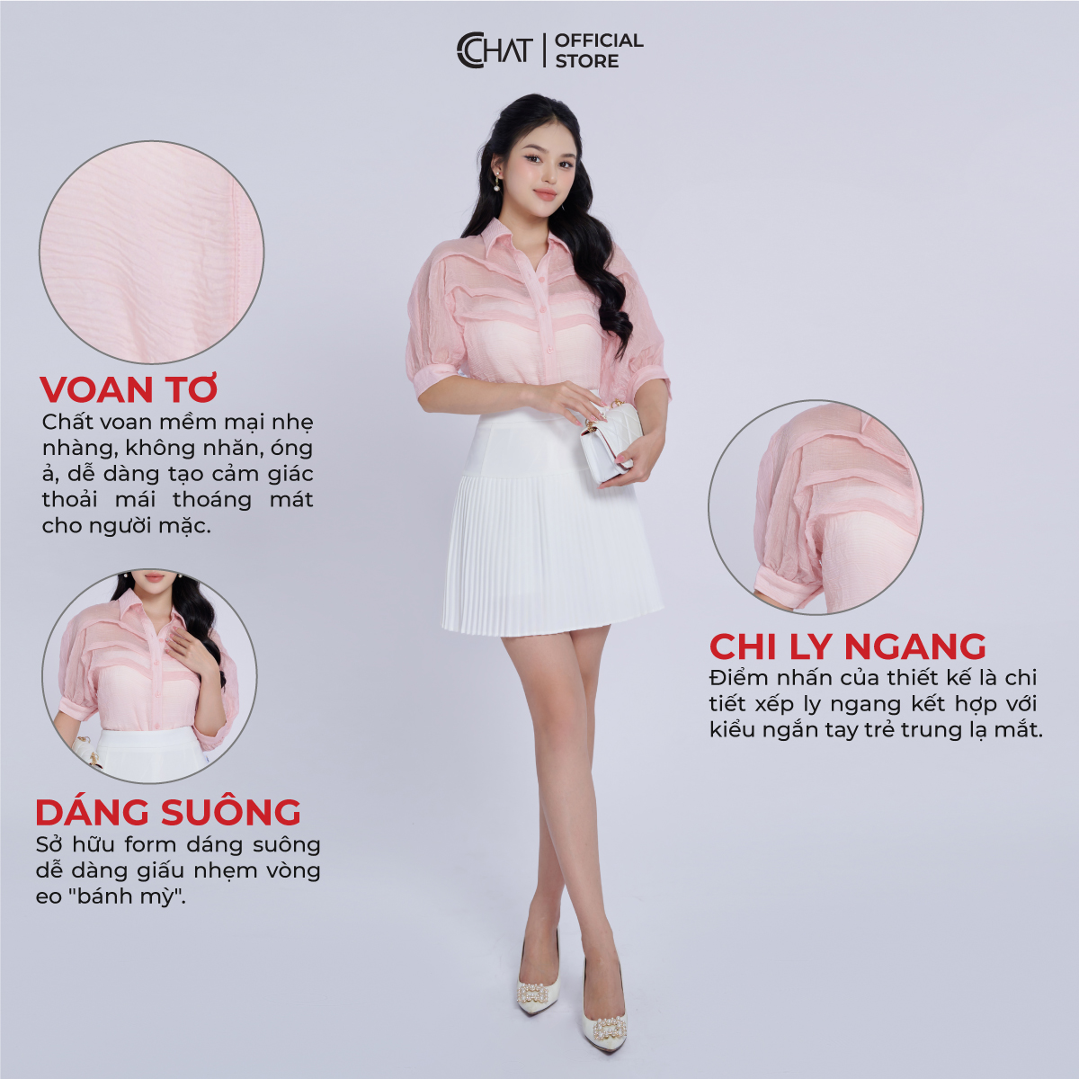 Áo Sơ Mi Nữ Kiểu Xếp Ly Ngực Dáng Suông Chất Voan Cao Cấp 93FNV2001ST