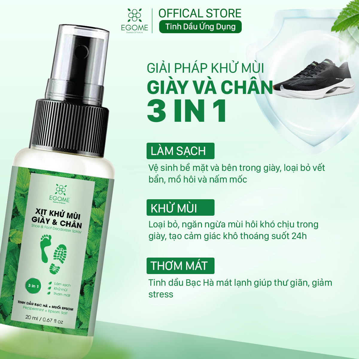 Xịt Khử Mùi Giày Và Chân Egome Tinh Dầu Bạc Hà làm sạch và thơm mát 20ml