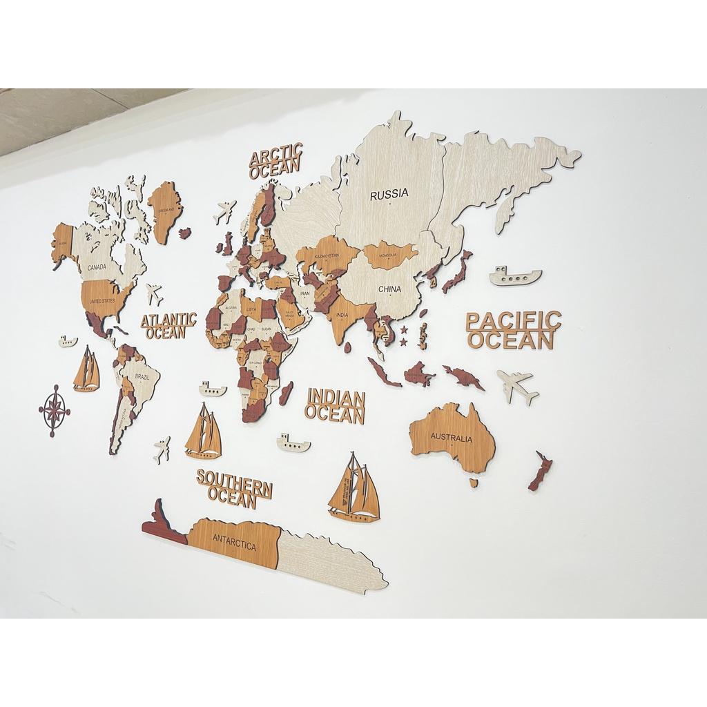 Bản đồ gỗ Thế giới 3D dán tường - Điểm nhấn cho không gian nội thất văn phòng, nhà ở, trường học - 2m00 x 1m30