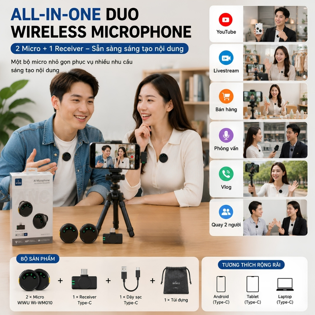 MICRO KHÔNG DÂY AI ANC DUO WIWU Wi-WM010 2 Mic Thu Âm 2 Người 360° 25m Type-C Cho Điện Thoại TikTok Livestream cho iPhone Samsung Oppo Huawei Vivo - Hàng nhập khẩu