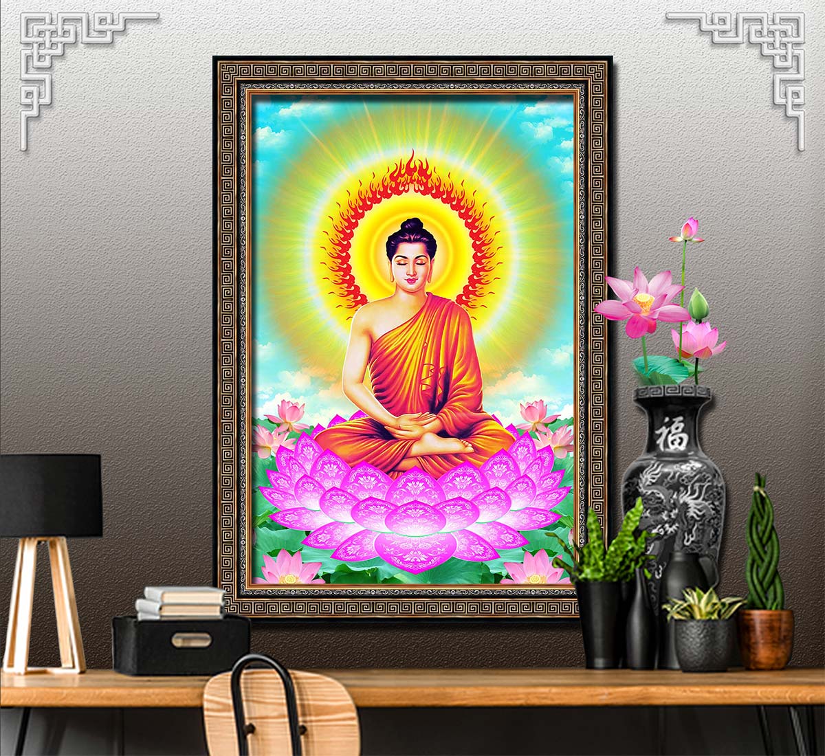 Bức tranh ĐỨC PHẬT gồm 2 lựa chọn chất liệu in trên vải lụa canvas hoặc trên giấy ảnh bề mặt PVC gương, mã số: TP20071364L8D