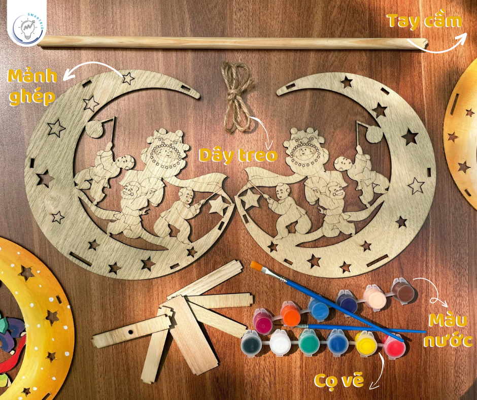 Set Đèn Lồng Gỗ Trung Thu - Lồng đèn trung thu truyền thống tô màu sáng tạo