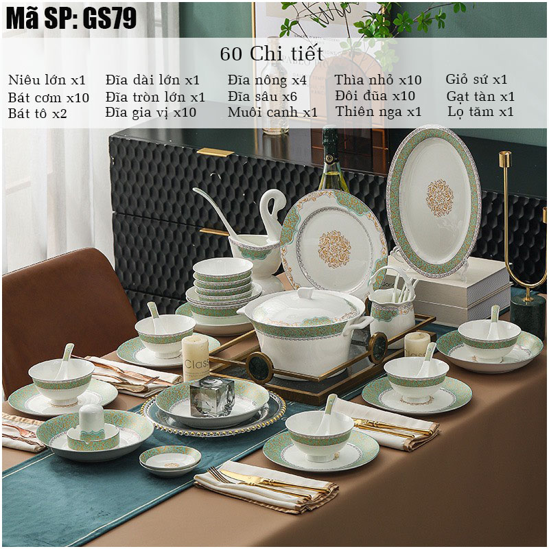 Bộ bát ăn cơm SỨ XƯƠNG Giang Tây cao cấp 60 chi tiết - Bộ chén ăn cơm sang trọng, tinh tế - Bát đĩa mỏng nhẹ nhưng cứng trong và cách nhiệt tốt. Mã GS79