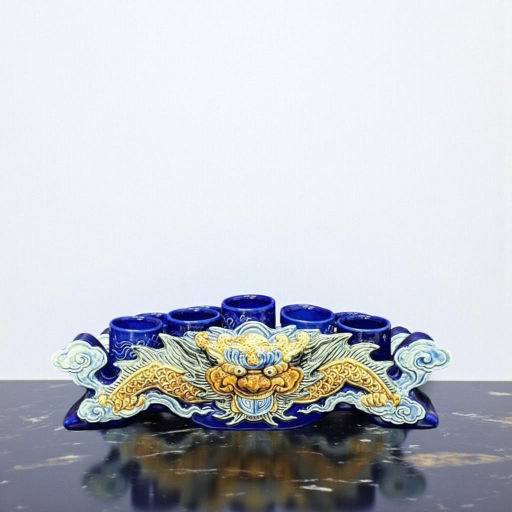 Bộ sứ men xanh RỒNG VIỆT - Gốm Bát Tràng cao cấp, men xanh dương với họa tiết Rồng phượng tinh xảo