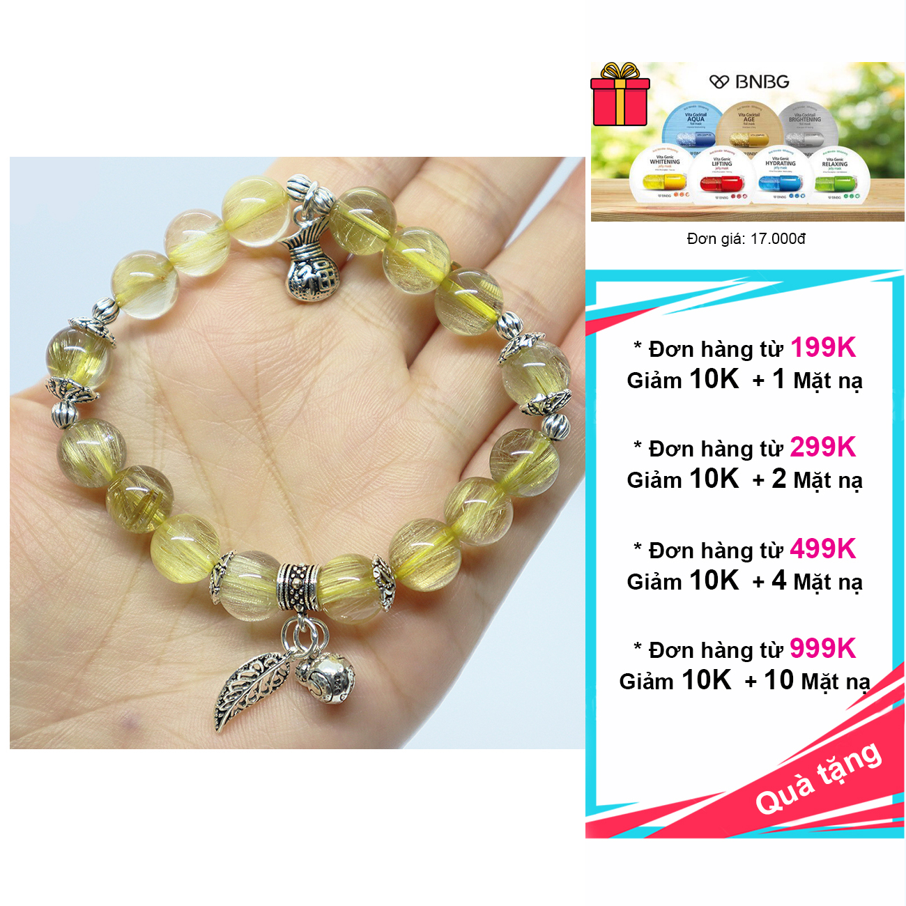 Vòng đá thạch anh tóc vàng 9mm 6A VIP charm bạc 925 cao cấp