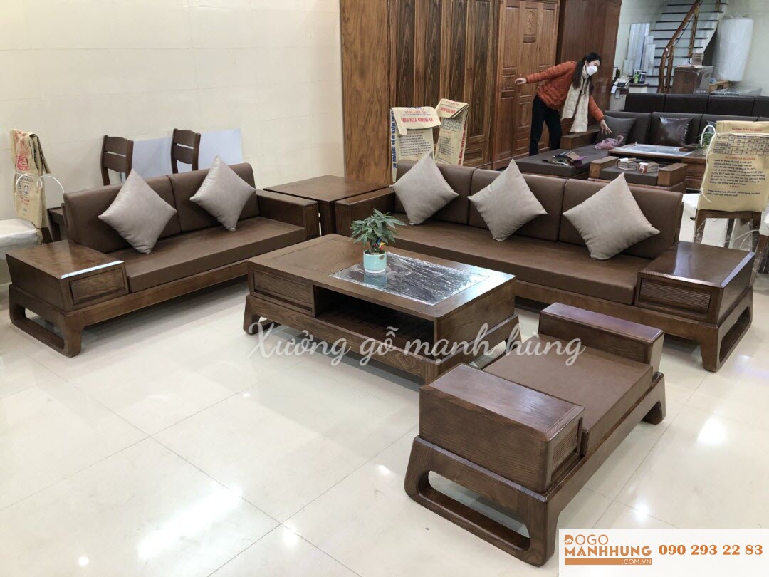 Bộ bàn ghế phòng khách sofa 2 văng lớn gỗ sồi G003 - Đồ Gỗ Mạnh Hùng