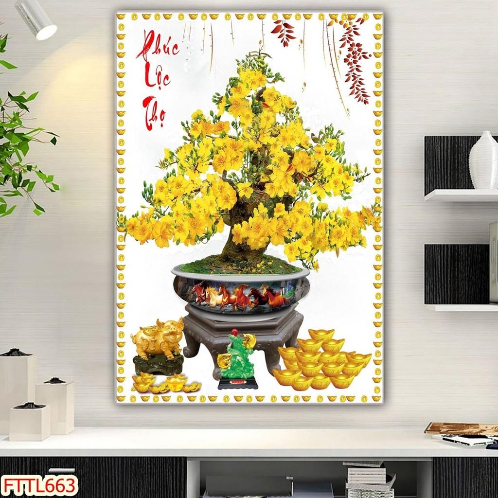 Tranh dán tường Tranh tết Tranh thư pháp Chậu Bonsai - hoa mai 34, Tranh dán tường 3d hiện đại