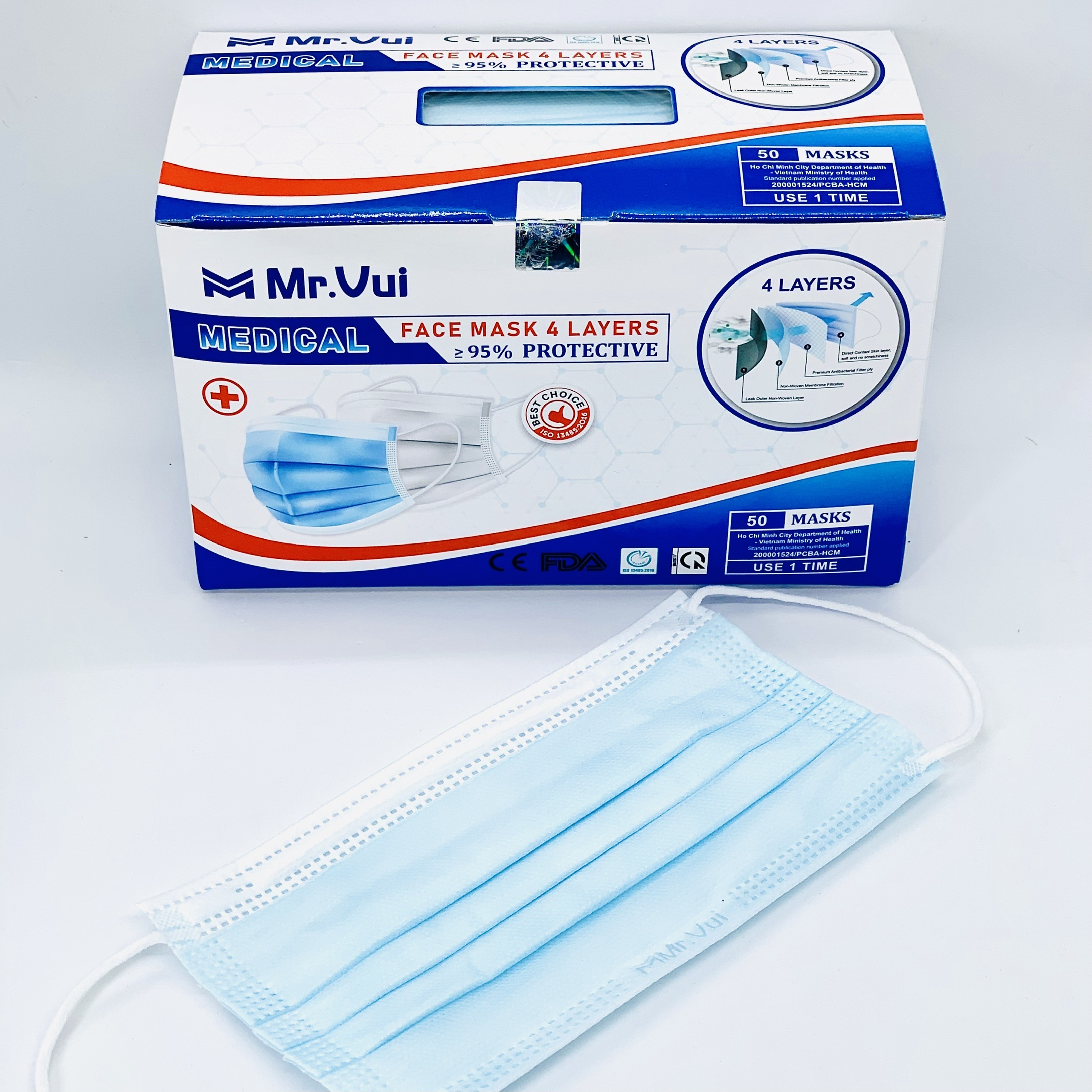 KHẨU TRANG Y TẾ 4 LỚP Mr.VUI - VẢI KHÔNG DỆT KHÁNG KHUẨN – HỘP 50 CÁI - MÀU XANH