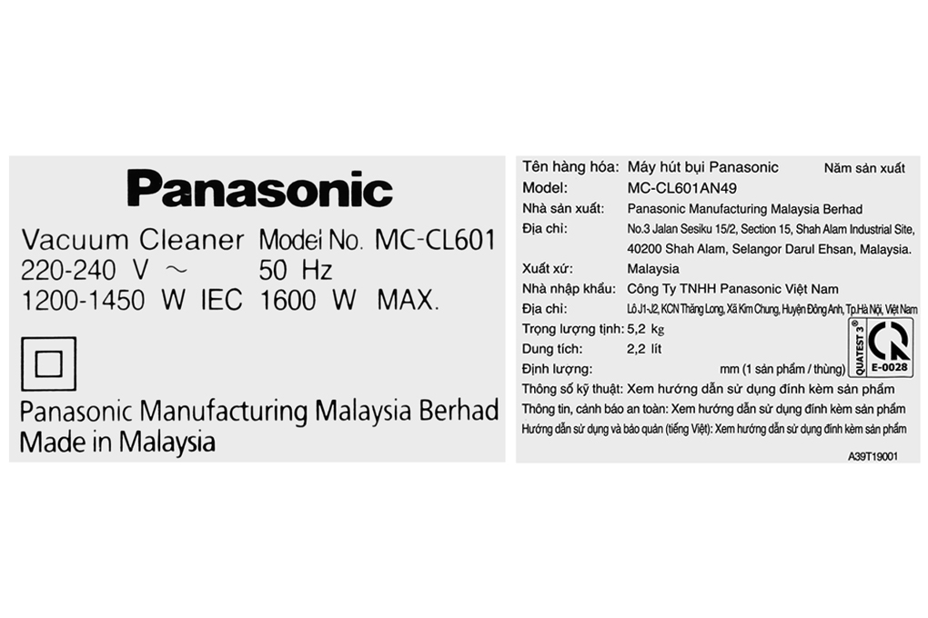 Máy hút bụi dạng hộp có khí xả sạch Panasonic MC-CL601AN49 công suất 1600W - Hàng chính hãng