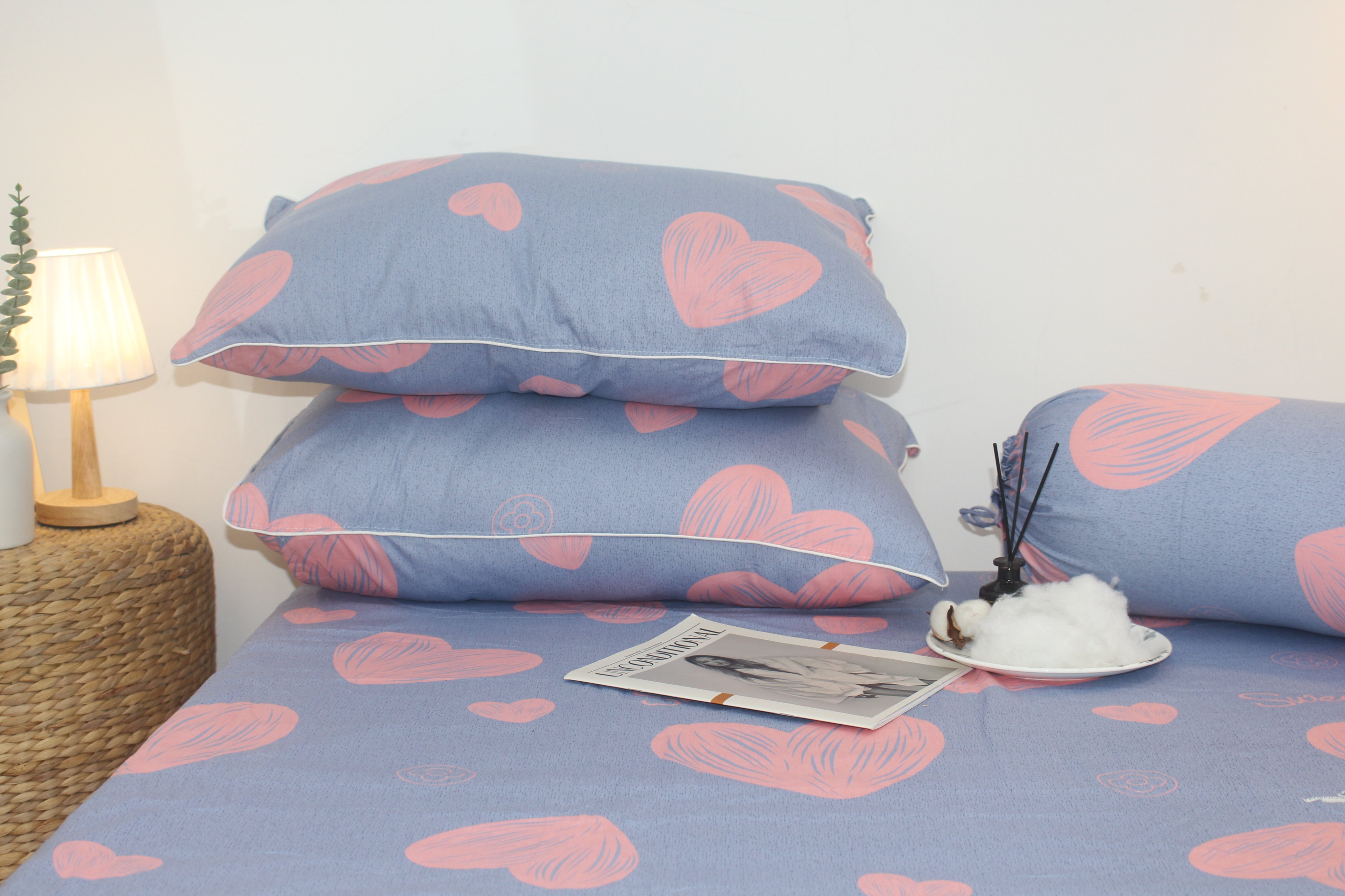 Bộ Drap Gối Cotton -Mẫu Trái Tim- vải dày dặn, mát mẻ, siêu thấm mồ hôi