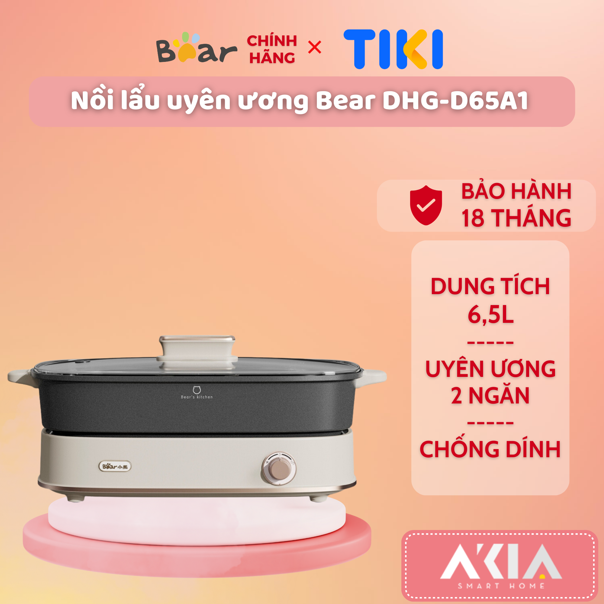 Nồi lẩu điện 2 ngăn uyên ương Bear DHG-D65A1, dung tích 6,5L, chống dính, công suất 1600W - HÀNG CHÍNH HÃNG