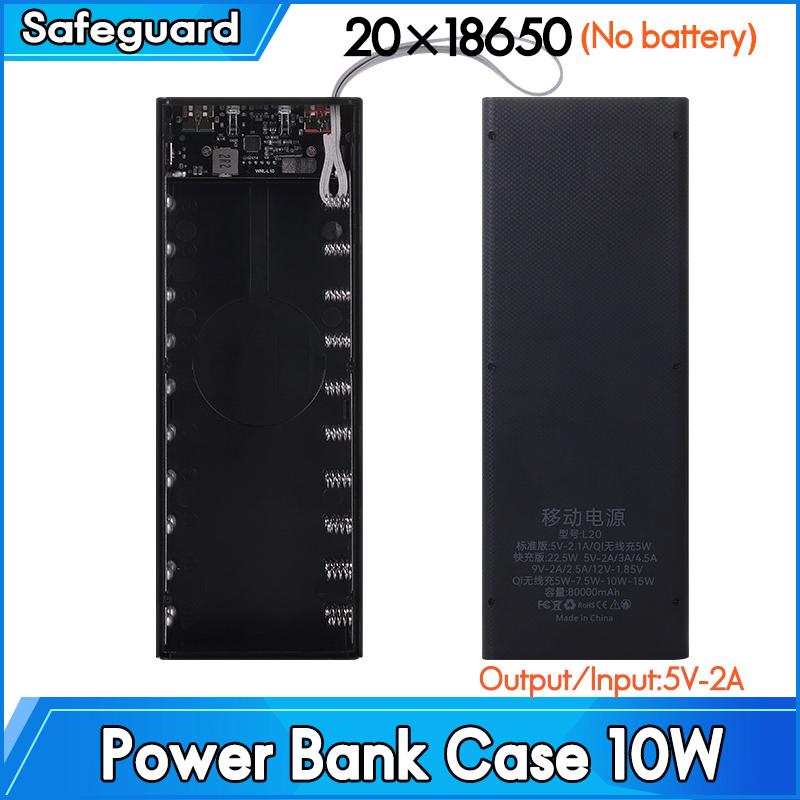 20x 18650 Pin Power Bank Hộp đựng hộp sạc USB kép Màn hình LCD Hỗ trợ sạc nhanh không dây Bộ lưu trữ pin Màu vỏ: 20-10W-Đen