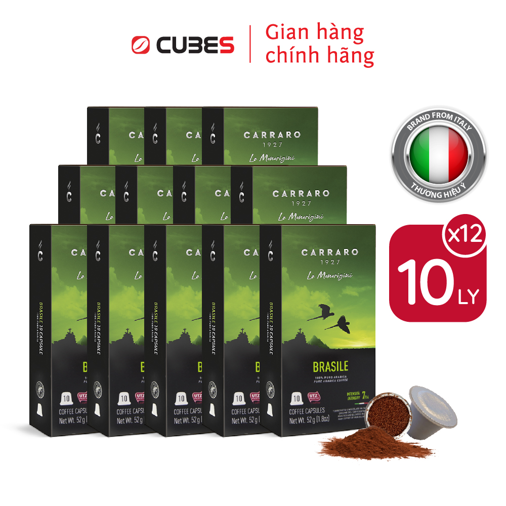 Combo 12 hộp cà phê viên nén Carraro Single Origin Brasile - Tương thích với máy capsule Nespresso