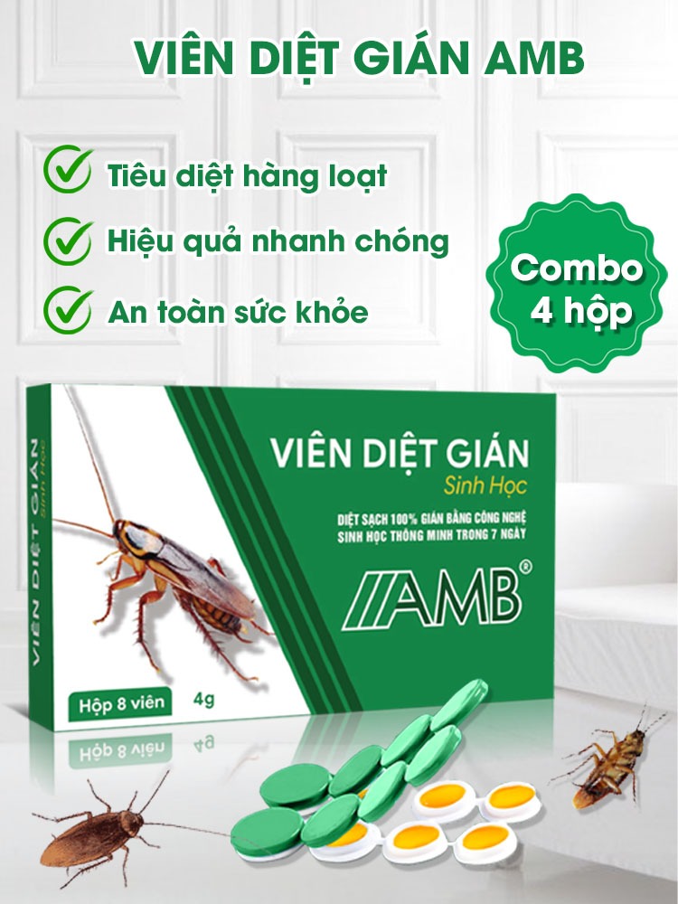 Combo 4 hộp viên diệt gián sinh học AMB, thuốc diệt gián Đức hiệu quả nhanh chóng, an toàn sức khỏe, hộp 8 viên