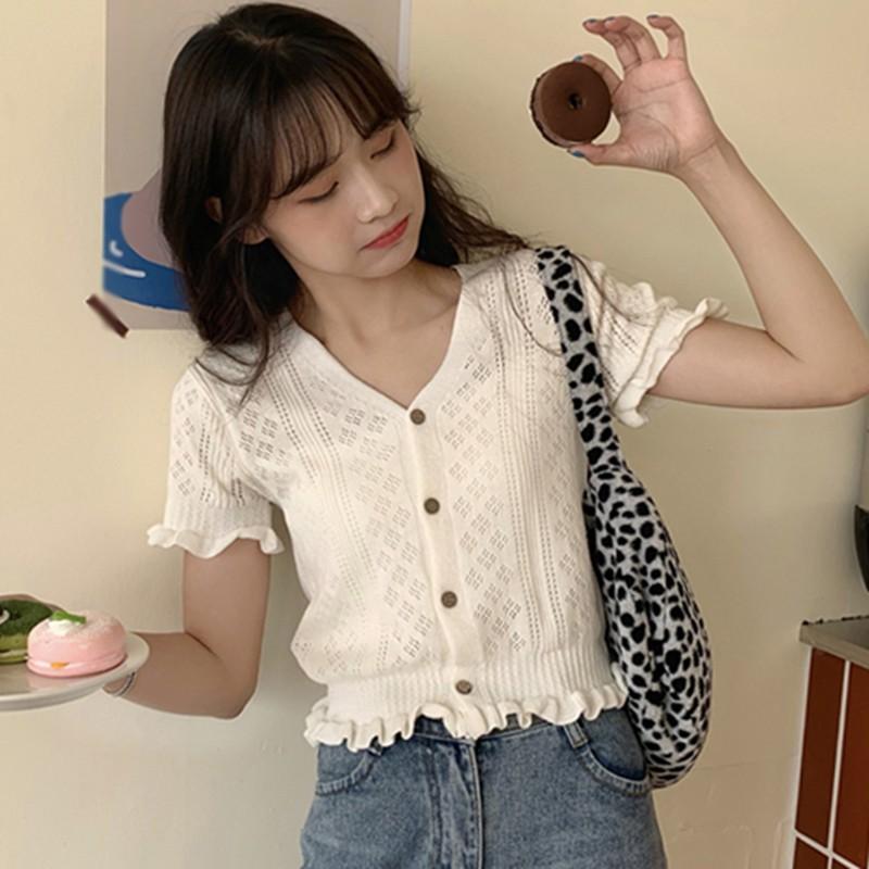 Áo Len Nữ Ngắn Tay Cổ Chữ V Thời Trang