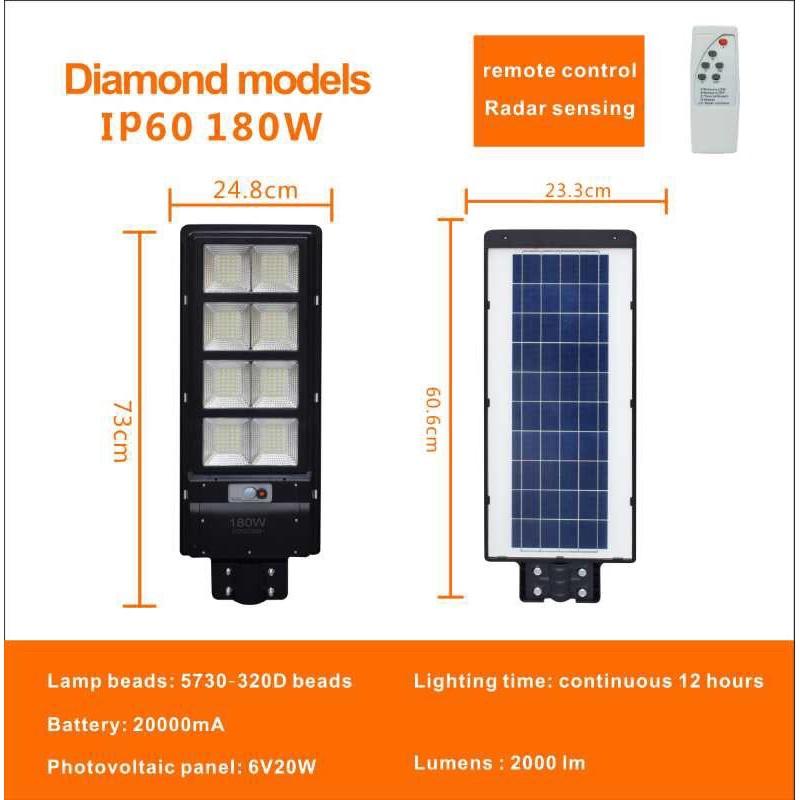 Đèn Năng Lượng Mặt Trời Liền Thể 180w,150w. 2 Chế Độ Sáng Liên Tục & Cảm Biến.