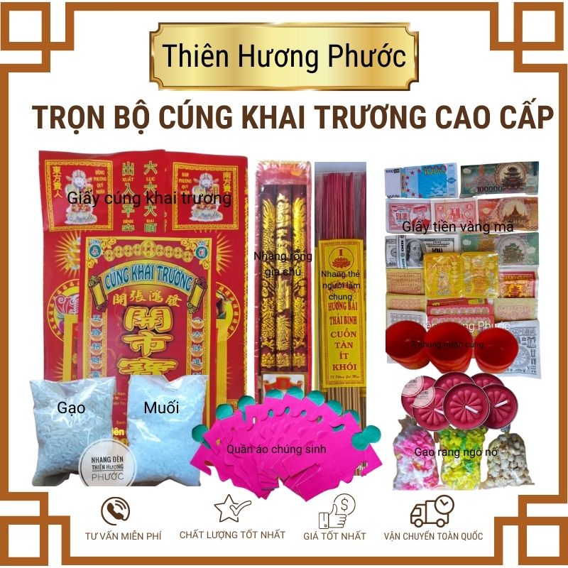 Cúng khai trương cao cấp gồm tiền vàng các loại nhang nến gạo muối bánh