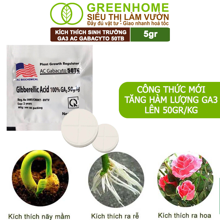 Phân Bón Lá GA3 Greenhome, 40TB, Viên 5gr, Dạng Sủi Tiết Kiệm, Thúc Đẩy Ra Đọt, Bông Lớn, Trái To