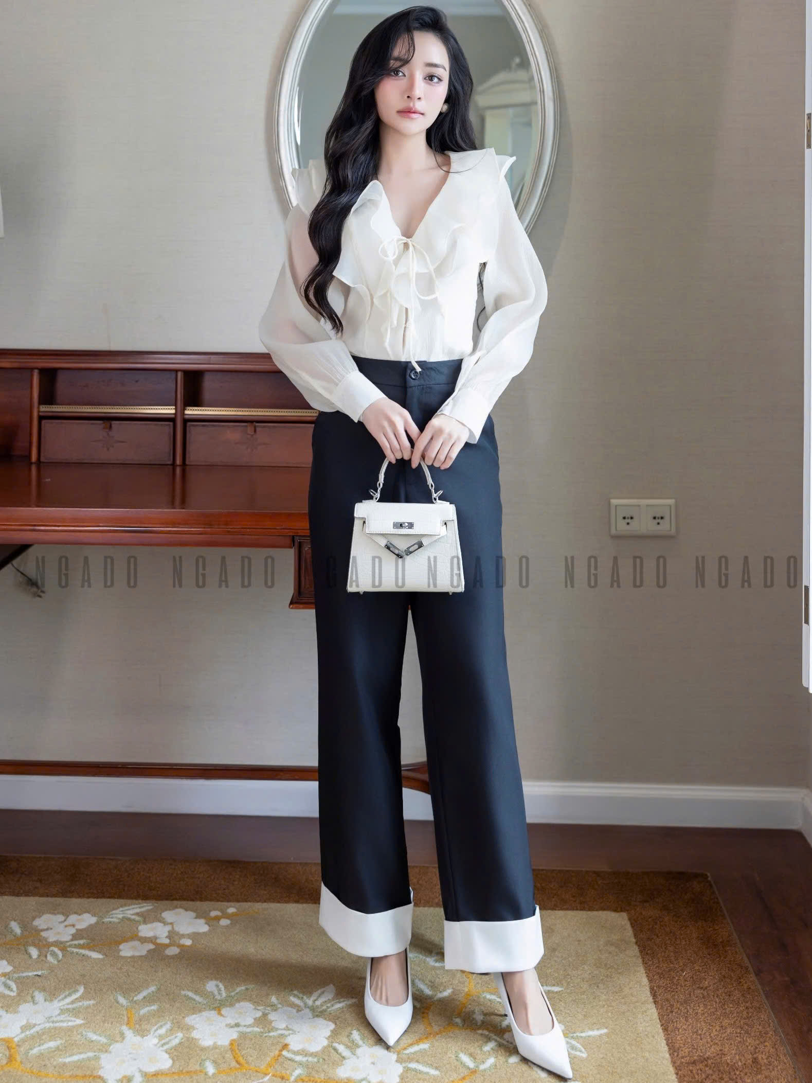 Áo sơ mi kem dài tay NGADO , áo voan tơ , áo công sở