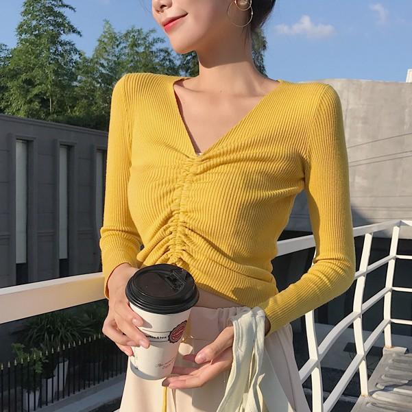 Áo Len Tay Dài Cổ Chữ V Dây Rút