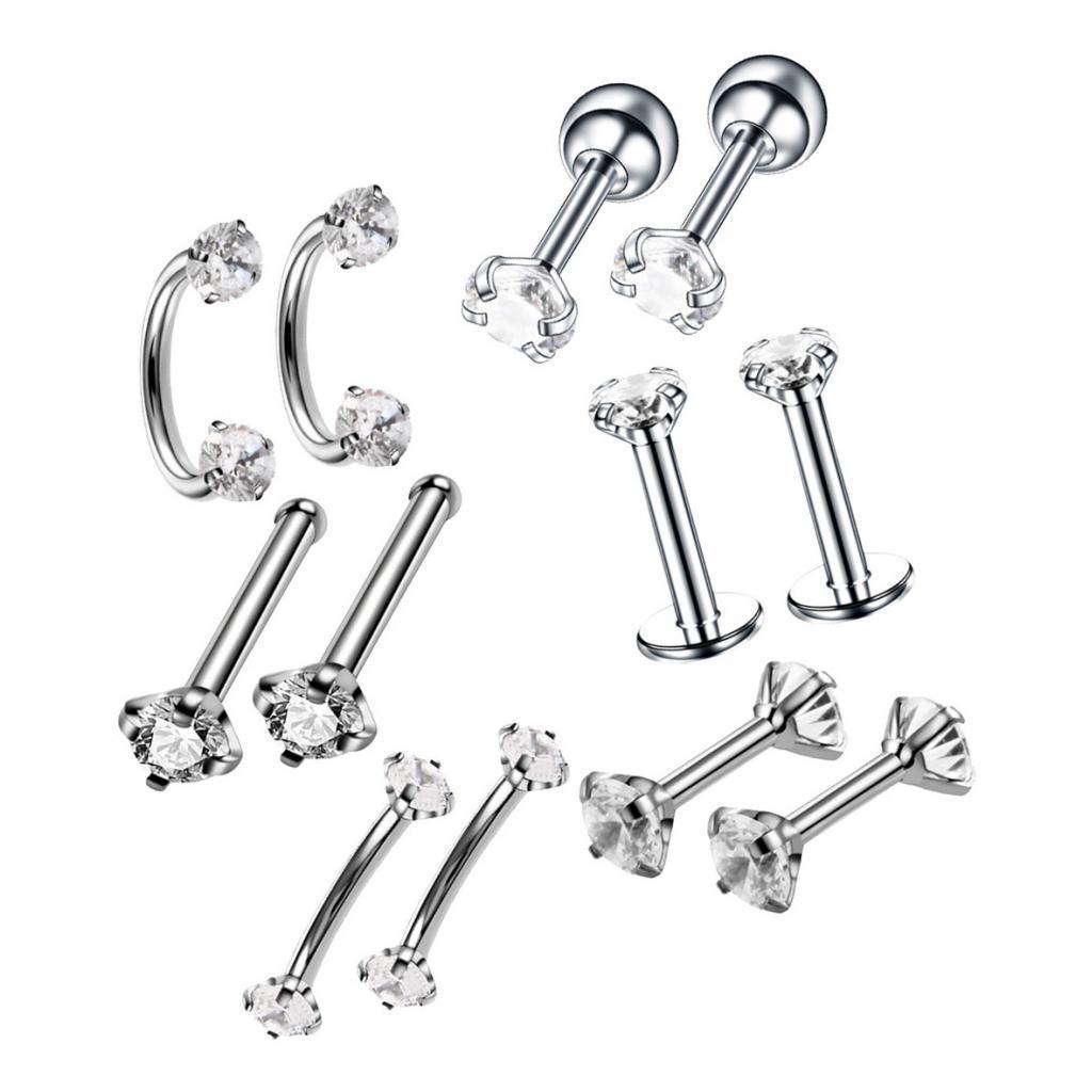 12pcs Stainless Steel Colored Zircon Lip Nose Nail Piercing Jewelry
