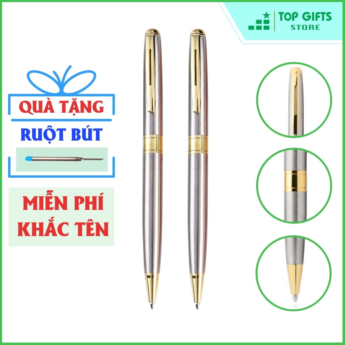 Bút ký khắc tên cao cấp kim loại xoay Bạc Viền Vàng PBV116 ngòi 0.7mm - Quà tặng sinh nhật bạn bè người thân| Khắc tên miễn phí + Ruột bút + Hộp đựng bút