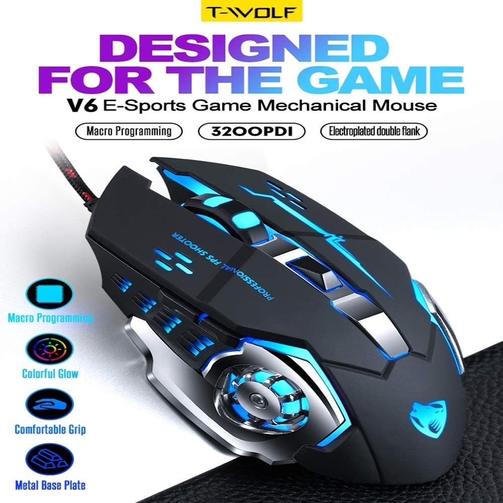 Chuột dây Gaming JVJ T-Wolf V6 - Tặng kèm lót chuột Logitech - Hàng chính hãng