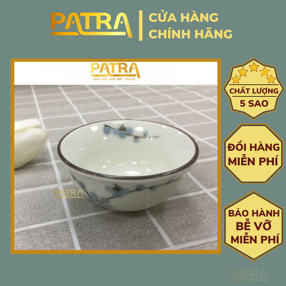 Đĩa đựng gia vị, đĩa gia vị sứ, bát mắm Bát Tràng cao cấp men kem vẽ hoa đào xanh