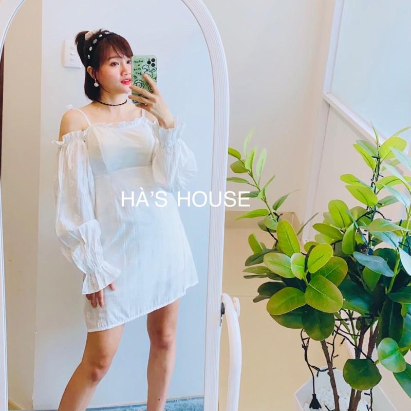 Đầm hai dây trễ vai màu trắng siêu cưng