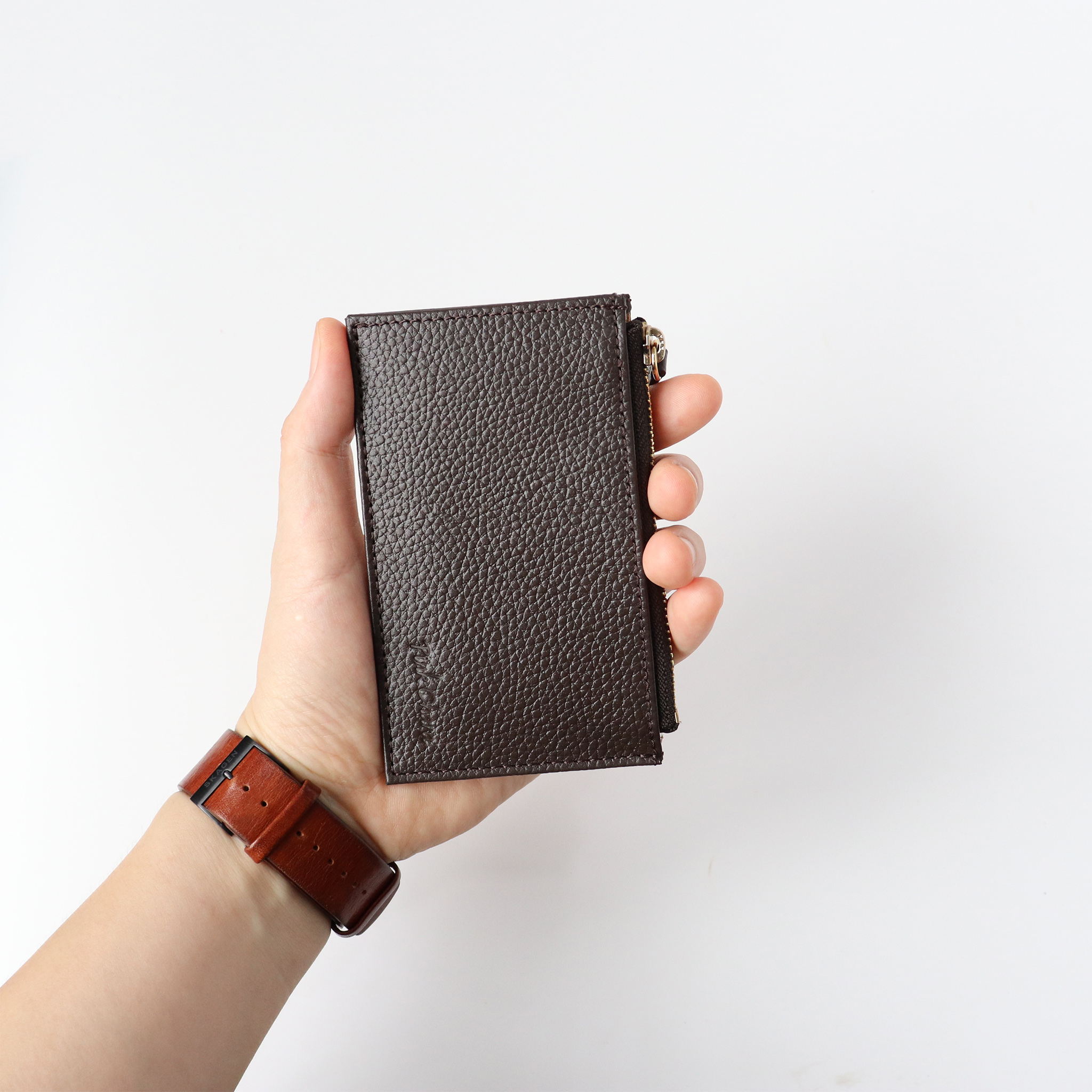 Ví đựng thẻ card Chico có khóa kéo da bò thật - Pink Ohara Leather