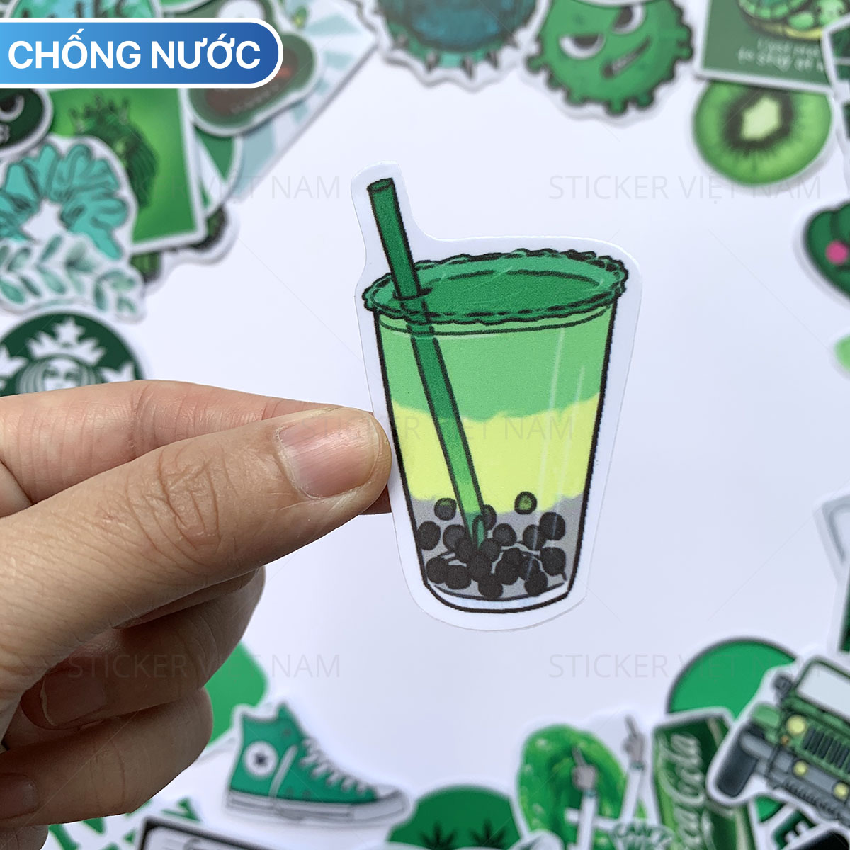 Sticker Màu Xanh Lá Green - Chất Liệu PVC Chất Lượng Cao Chống Nước - Kích Thước 4-8cm