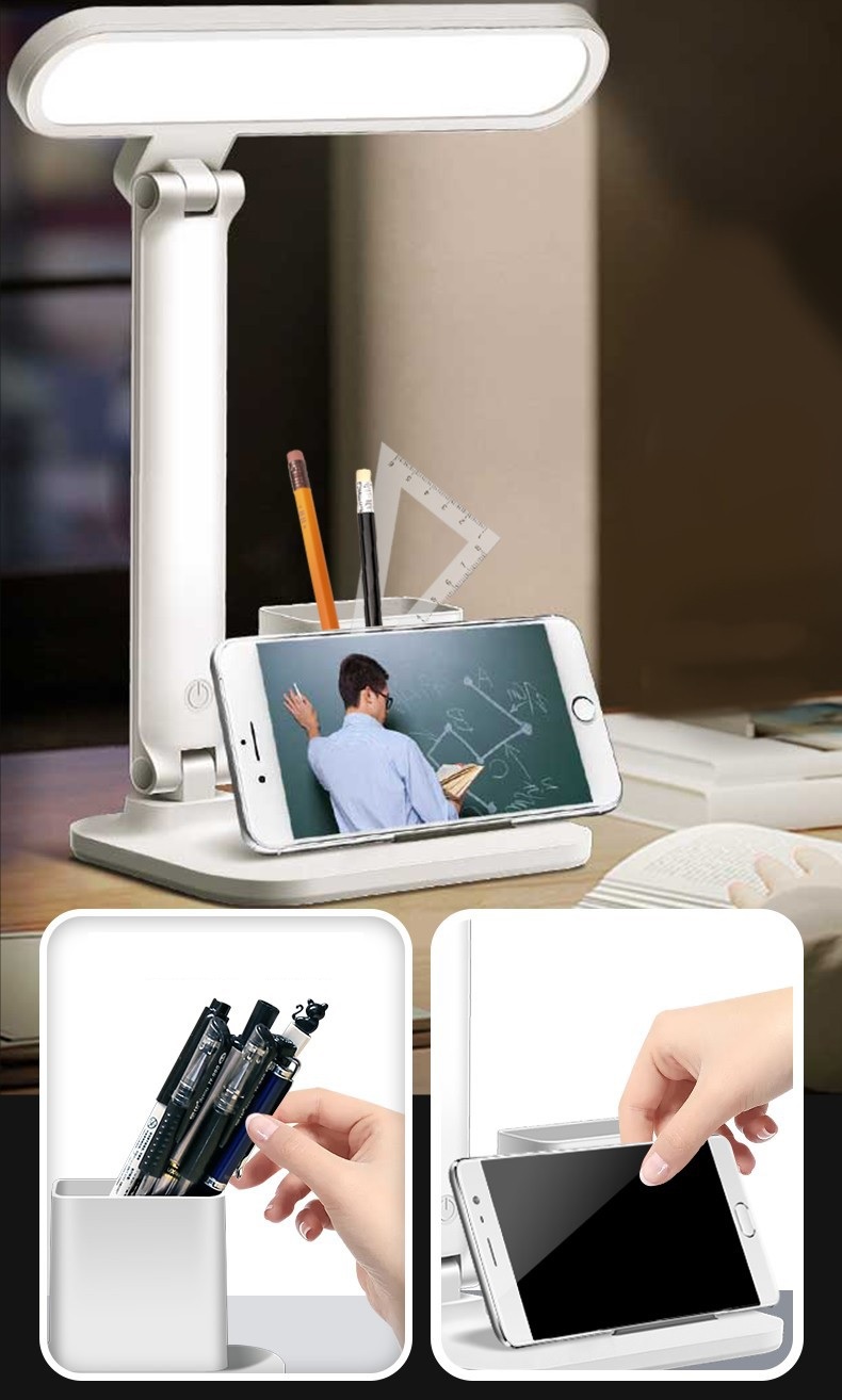 Đèn led để bàn học tích điện W6072GB có kệ đựng bút, điện thoại với 3 chế độ sáng bảo vệ mắt chống cận thị