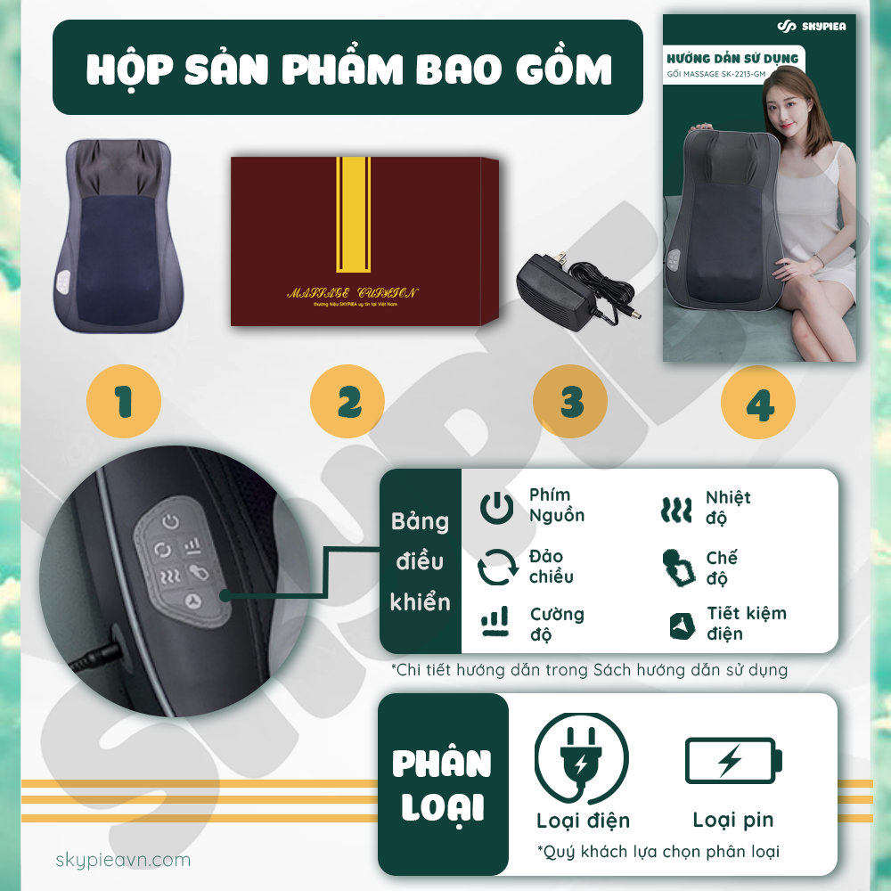 Gối massage hồng ngoại - SKYPIEA - model 2022 SK-2213 - đầu mát-xa cải tiển, con lăn 4D - đệm massage toàn thân