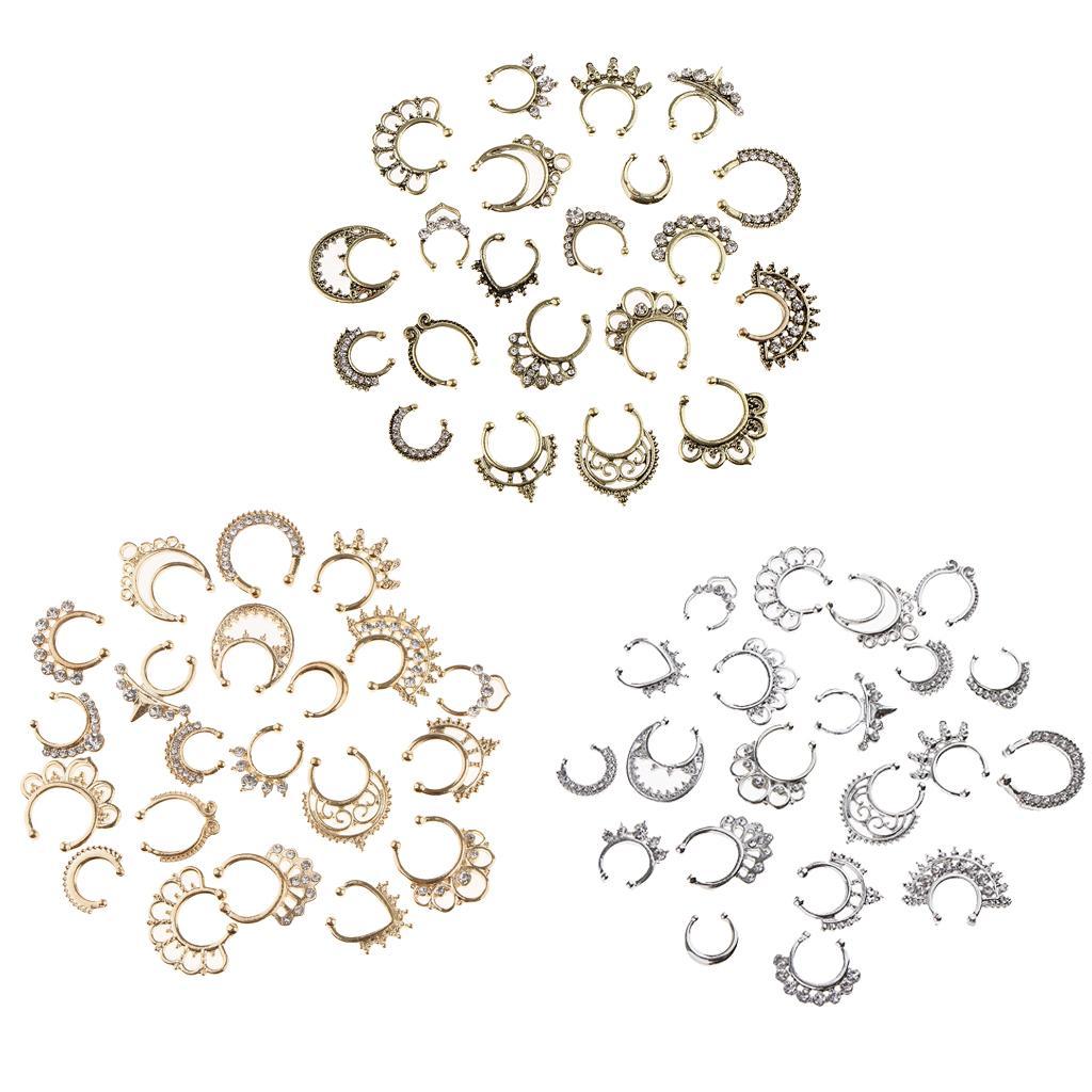 2-3pack 21 Pieces Crystal Fake Septum Clicker Nose Ring Non-piercing Antique