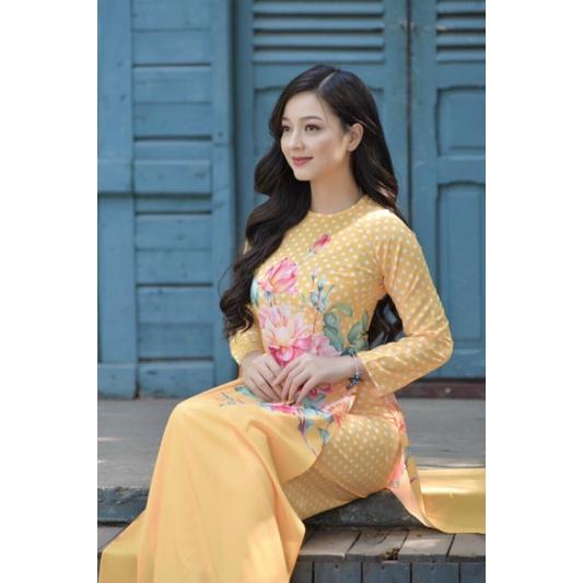 SET ÁO DÀI LỤA HỌA TIẾT HOA CHẤM BI