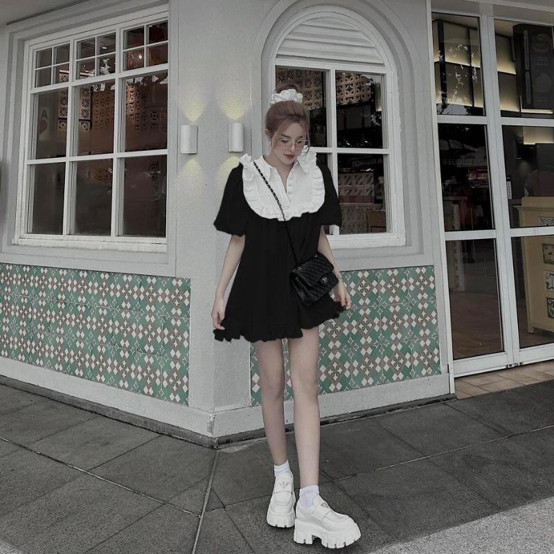 ĐẦM BABYDOLL CỔ SƠ MI CÓ BÈO NHÚNG TAY NGẮN BOCHUN DÁNG NGẮN PHỒNG CHO CÁC BÁNH BÈO NHÀ MEOWSHOP