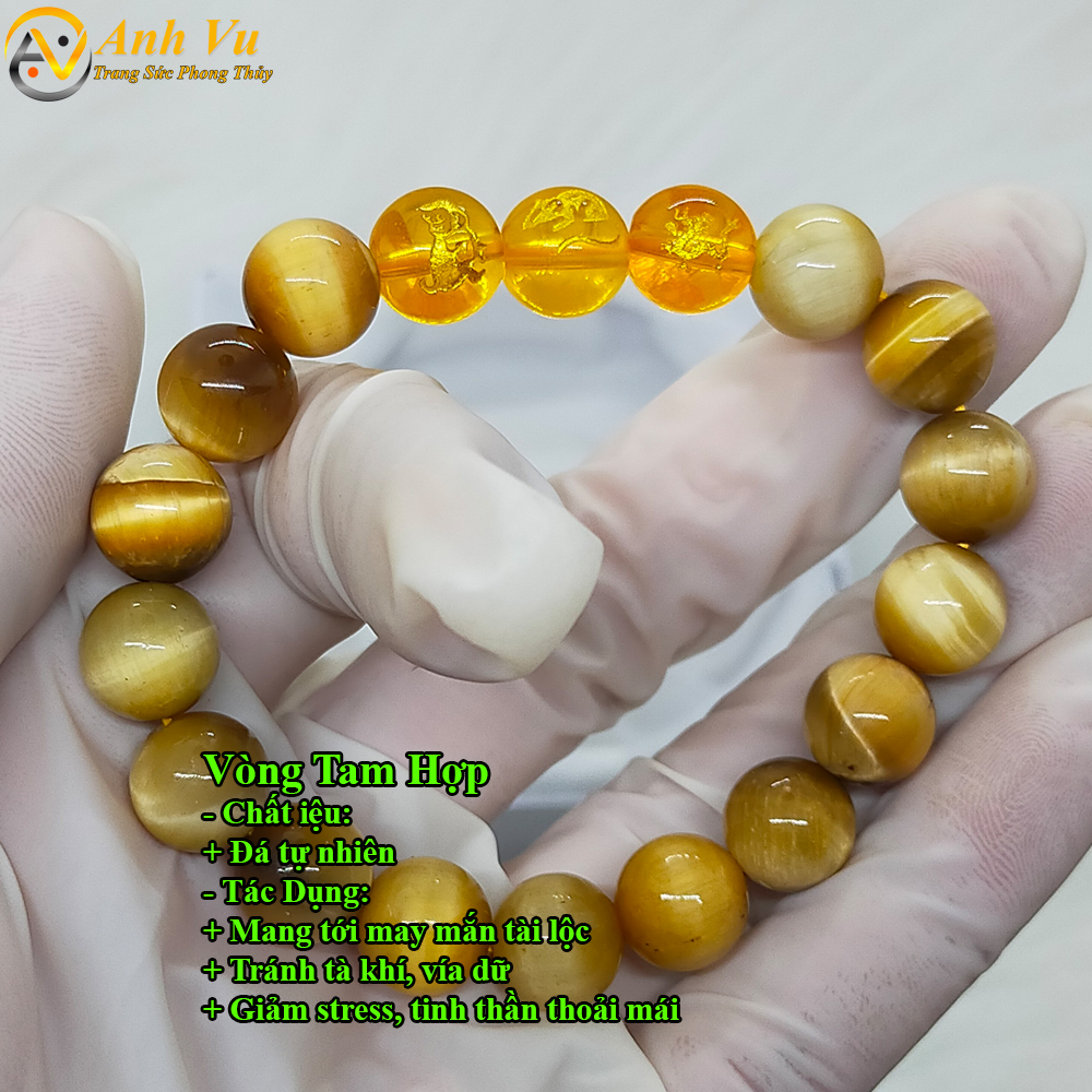 Vòng tay đá mắt hổ vàng nâu tự nhiên mix 3 viên thân tý thìn - Vòng tay phong thủy nam nữ mệnh thổ - May mắn tài lộc