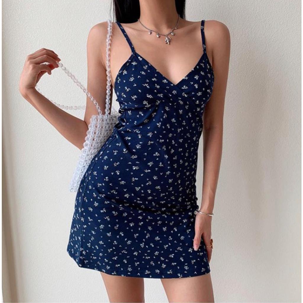MS32 Váy đầm midi thun 2 dây nữ hoa nhí