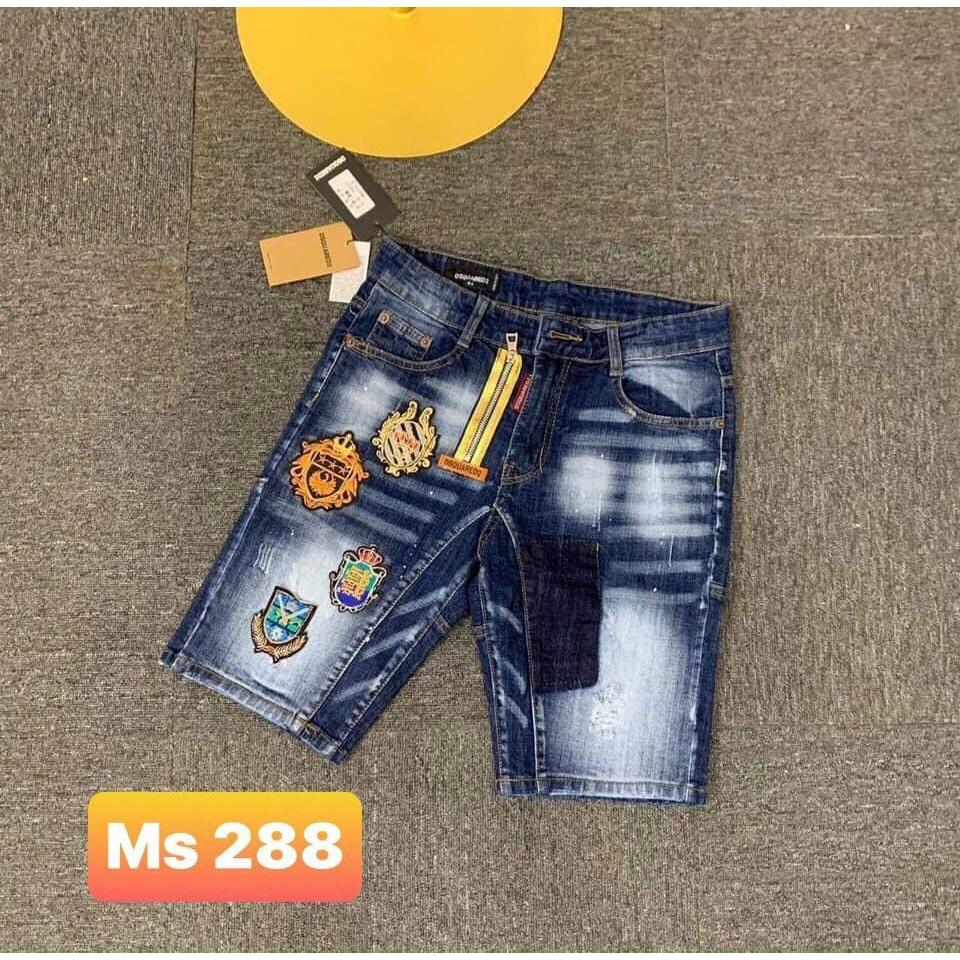 quần short jean nam xanh thêu logo khóa kéo lệch đẹp vải co giãn thoải mái