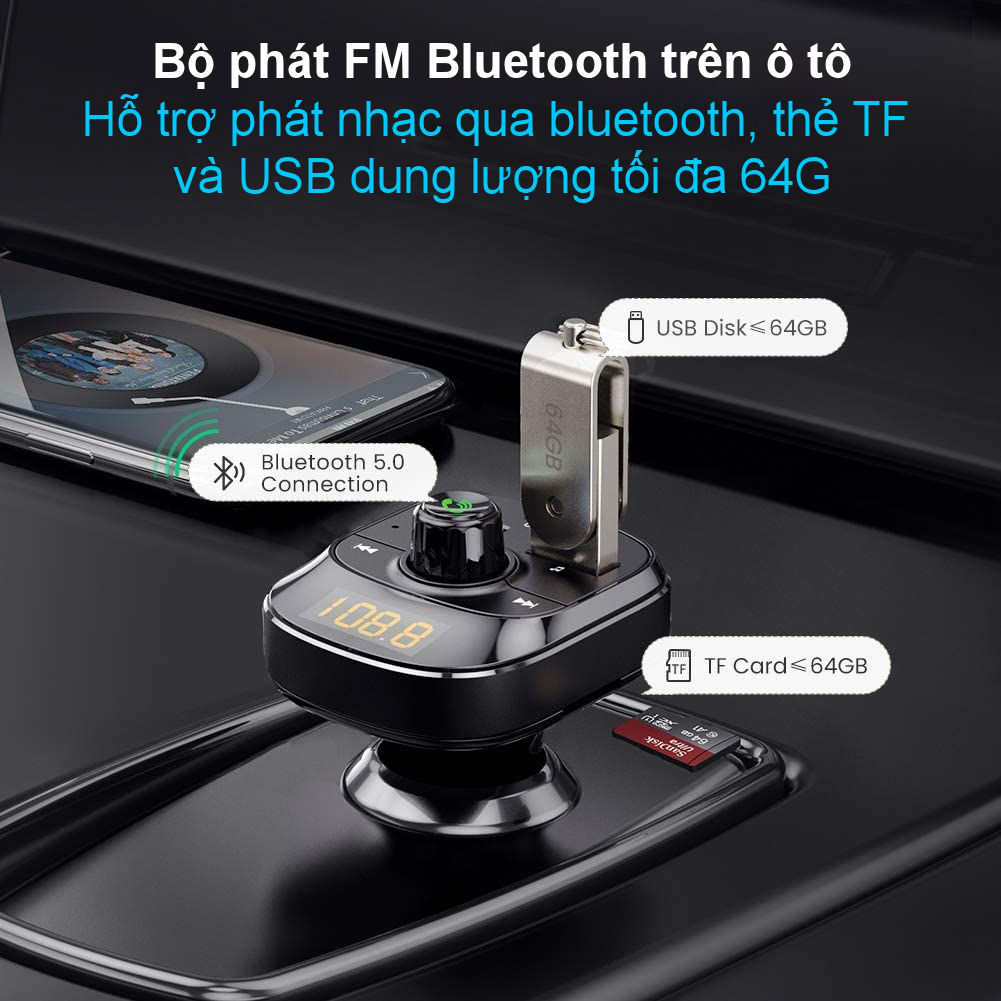 Sạc ô tô đa năng UGREEN ED040 70717 có thể phát FM, Bluetooth 5.0, sạc nhanh PD, cổng USB 2.0, đọc thẻ TF, có đèn LED - Hàng chính hãng