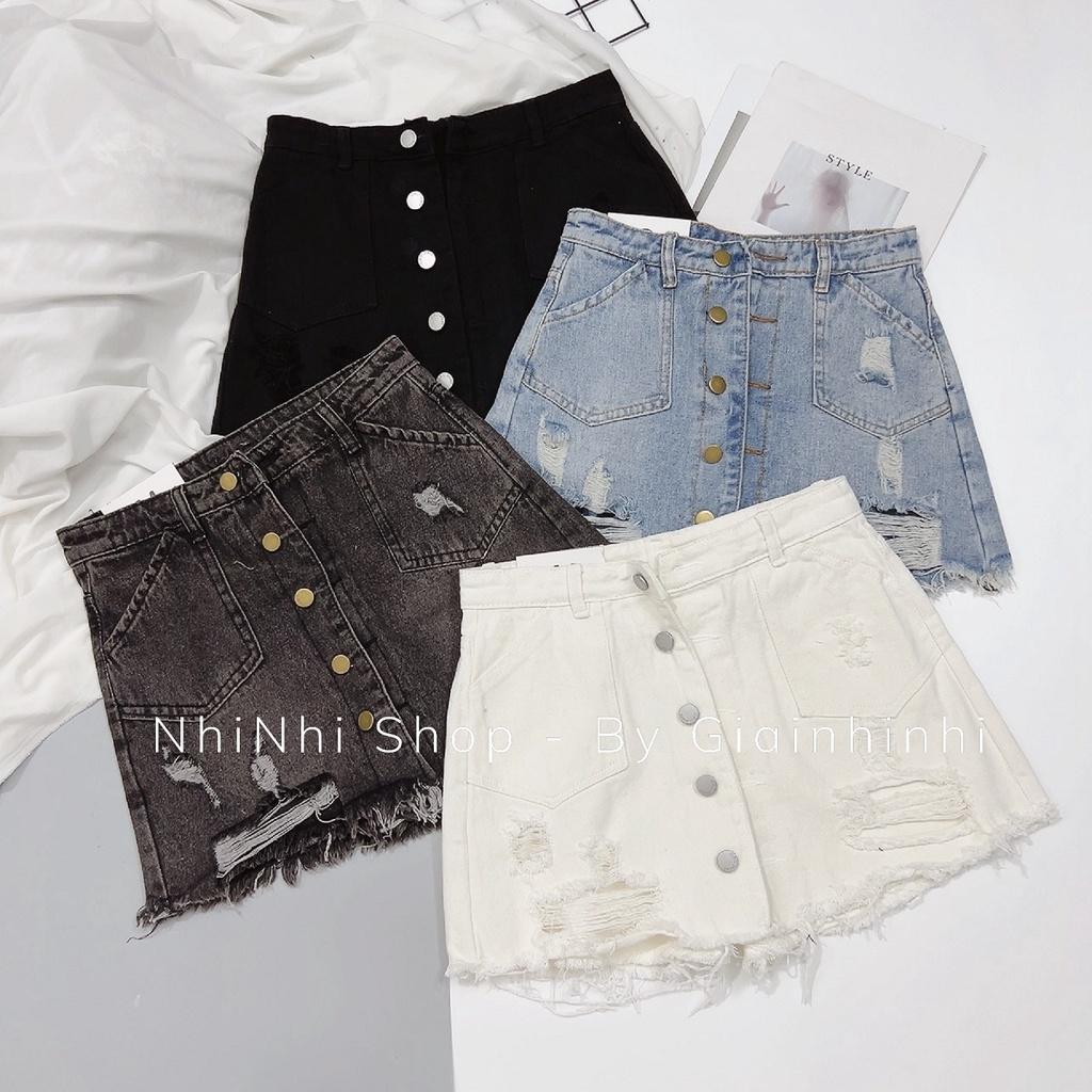 Quần giả váy bò rách khuy túi to, Quần váy jean cạp cao co giãn QS3011 - NhiNhi Shop