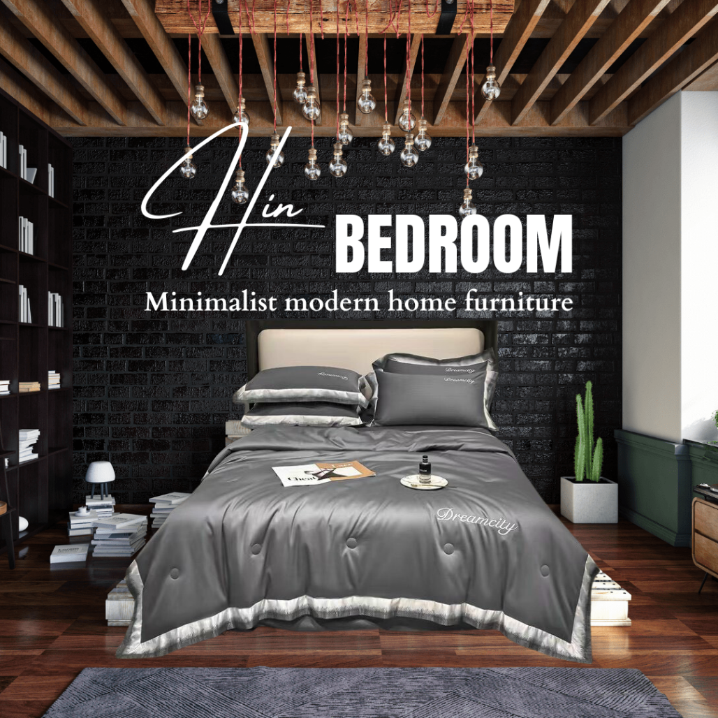 Bộ Chăn Ga Gối Đệm 5 Món Chăn Bông Hin Home Bedding Drap Giường Lụa Mẫu Xám Lông Chuột
