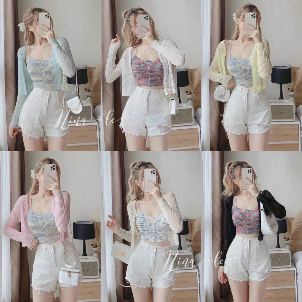 Áo khoác len mỏng Cardigan Quảng Châu 1 KHUY dáng ngắn đáng yêu và dễ phối đồ